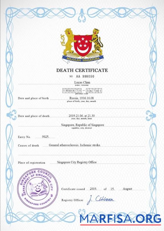 Realistic Singapore death certificate PSD template